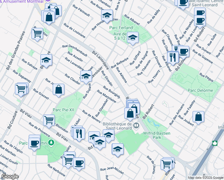 map of restaurants, bars, coffee shops, grocery stores, and more near 8705 Rue Bourgjoly in Montréal