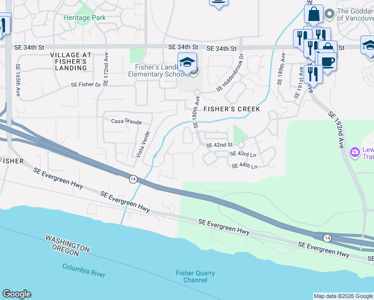 map of restaurants, bars, coffee shops, grocery stores, and more near 17917 Southeast 41st Loop in Vancouver