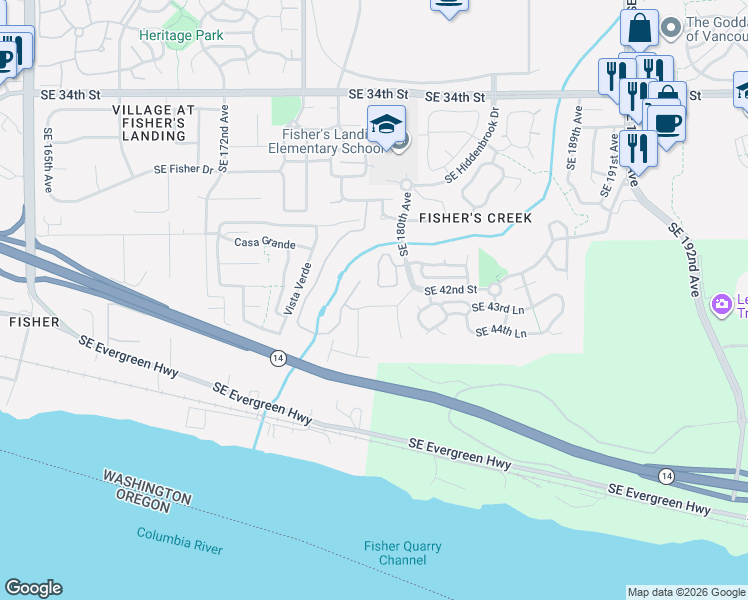 map of restaurants, bars, coffee shops, grocery stores, and more near 17917 Southeast 41st Loop in Vancouver