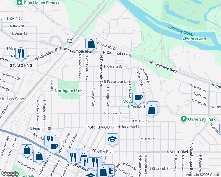 map of restaurants, bars, coffee shops, grocery stores, and more near 5120 North Fessenden Street in Portland