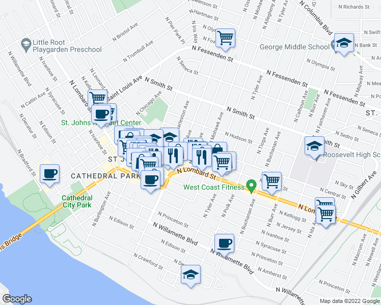 map of restaurants, bars, coffee shops, grocery stores, and more near 8506 North Richmond Avenue in Portland
