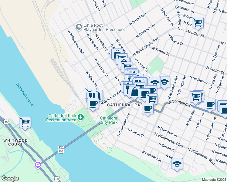 map of restaurants, bars, coffee shops, grocery stores, and more near 8910 North Syracuse Street in Portland