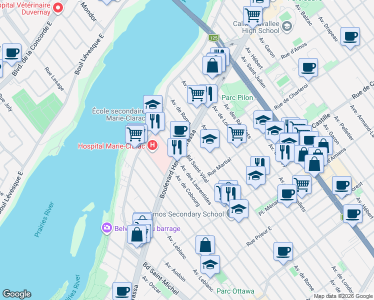 map of restaurants, bars, coffee shops, grocery stores, and more near 3656 Boulevard Henri-Bourassa Est in Montréal