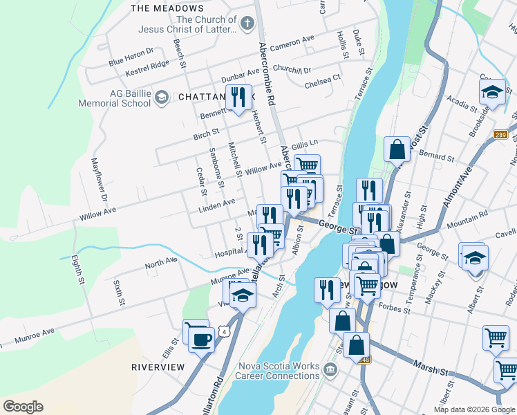 map of restaurants, bars, coffee shops, grocery stores, and more near 69 Maple Avenue in New Glasgow