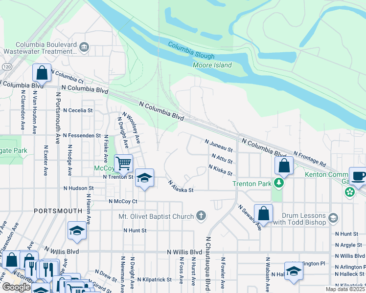 map of restaurants, bars, coffee shops, grocery stores, and more near 4072 North Attu Street in Portland