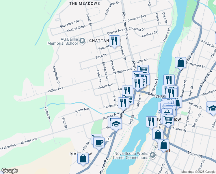 map of restaurants, bars, coffee shops, grocery stores, and more near 114 Sanborne Street in New Glasgow