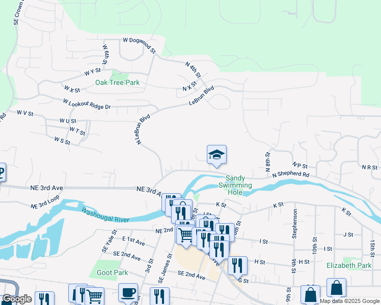 map of restaurants, bars, coffee shops, grocery stores, and more near 1581 North 4th Court in Washougal