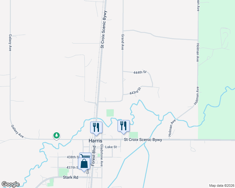 map of restaurants, bars, coffee shops, grocery stores, and more near 44222-44370 Grand Avenue in Harris