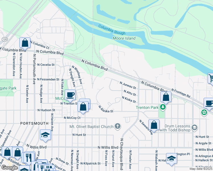 map of restaurants, bars, coffee shops, grocery stores, and more near 4072 North Attu Street in Portland