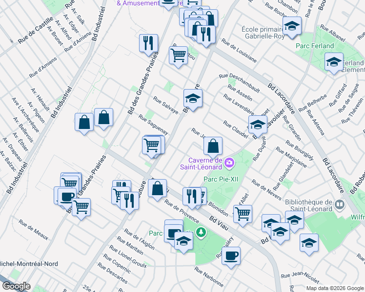 map of restaurants, bars, coffee shops, grocery stores, and more near 9178 Rue Jamay in Montréal