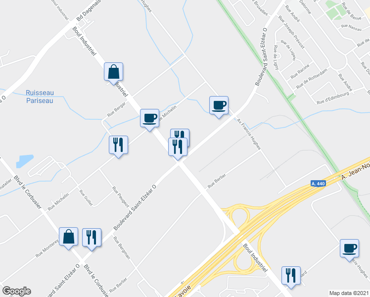 map of restaurants, bars, coffee shops, grocery stores, and more near 325 Boulevard Saint-Elzéar Ouest in Laval