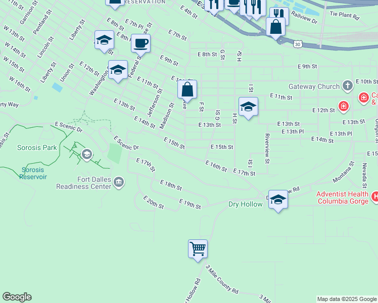 map of restaurants, bars, coffee shops, grocery stores, and more near 812 East 14th Street in The Dalles