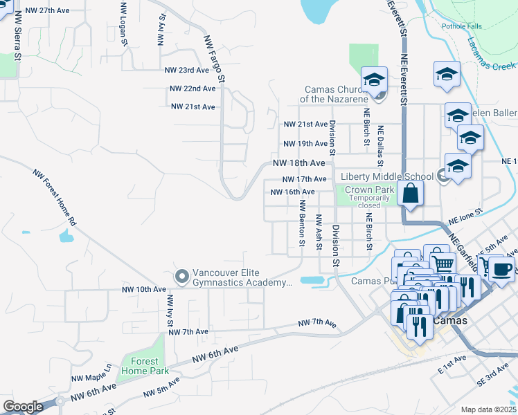 map of restaurants, bars, coffee shops, grocery stores, and more near 1541 Northwest Drake Street in Camas