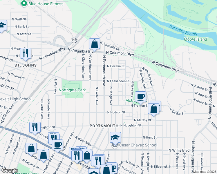 map of restaurants, bars, coffee shops, grocery stores, and more near in Portland