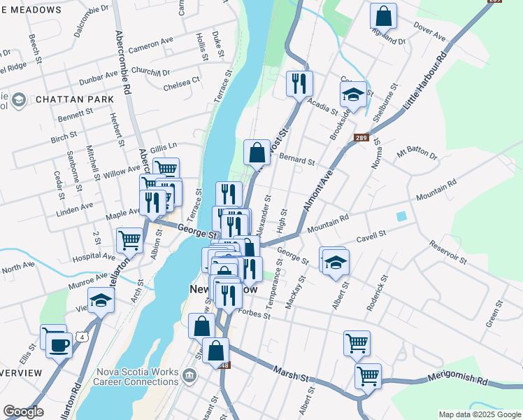 map of restaurants, bars, coffee shops, grocery stores, and more near 94 Alexander Street in New Glasgow