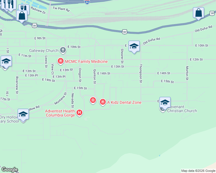 map of restaurants, bars, coffee shops, grocery stores, and more near 2003 East 15th Street in The Dalles