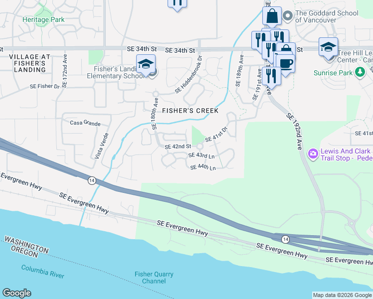 map of restaurants, bars, coffee shops, grocery stores, and more near 18208 Southeast 42nd Street in Vancouver