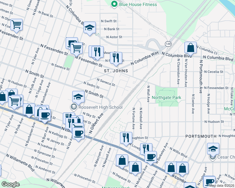 map of restaurants, bars, coffee shops, grocery stores, and more near 9317 North Minerva Avenue in Portland
