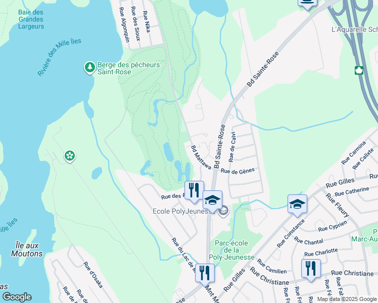 map of restaurants, bars, coffee shops, grocery stores, and more near 1130 Boulevard Mattawa in Laval