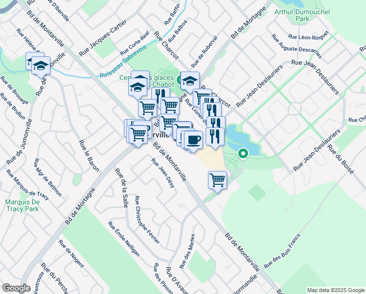 map of restaurants, bars, coffee shops, grocery stores, and more near 1001 Boulevard de Montarville in Boucherville