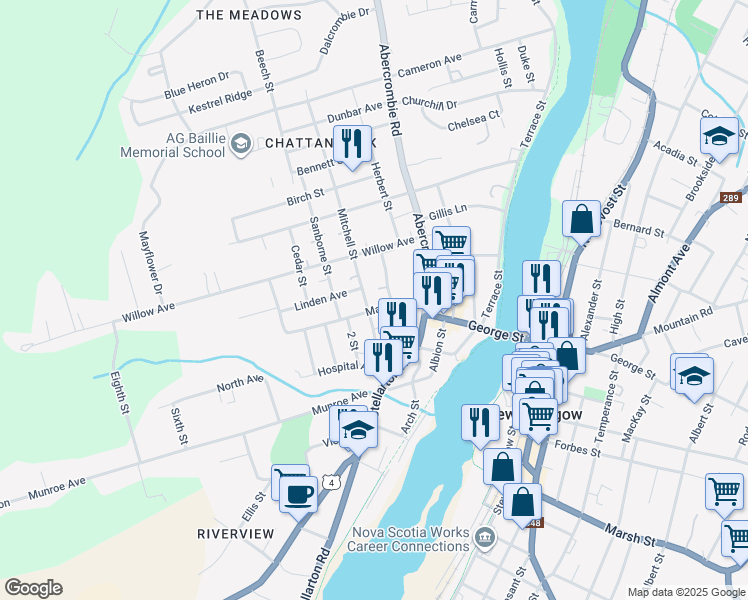 map of restaurants, bars, coffee shops, grocery stores, and more near 81 Maple Avenue in New Glasgow