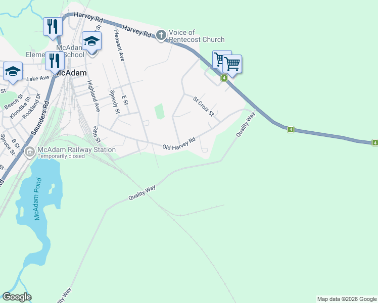 map of restaurants, bars, coffee shops, grocery stores, and more near 82 Old Harvey Road in McAdam