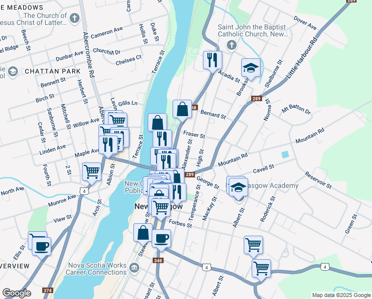 map of restaurants, bars, coffee shops, grocery stores, and more near 72 Alexander Street in New Glasgow