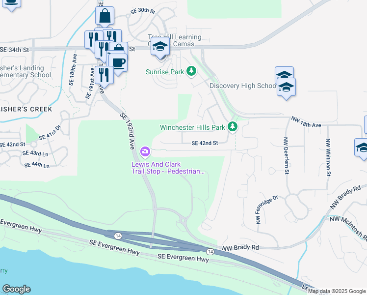 map of restaurants, bars, coffee shops, grocery stores, and more near 19603 Southeast 42nd Street in Camas