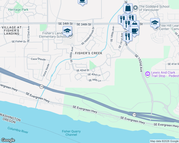 map of restaurants, bars, coffee shops, grocery stores, and more near 18312 Southeast 43rd Lane in Vancouver