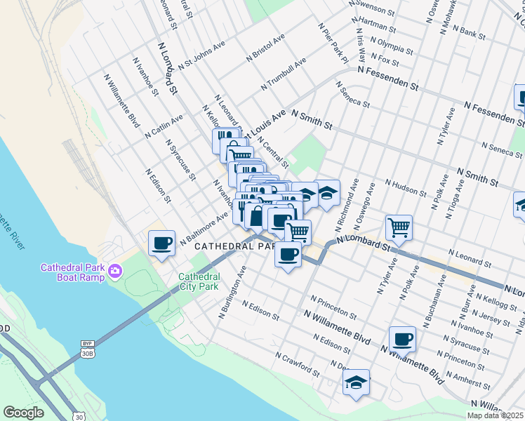 map of restaurants, bars, coffee shops, grocery stores, and more near 8759 North Lombard Street in Portland