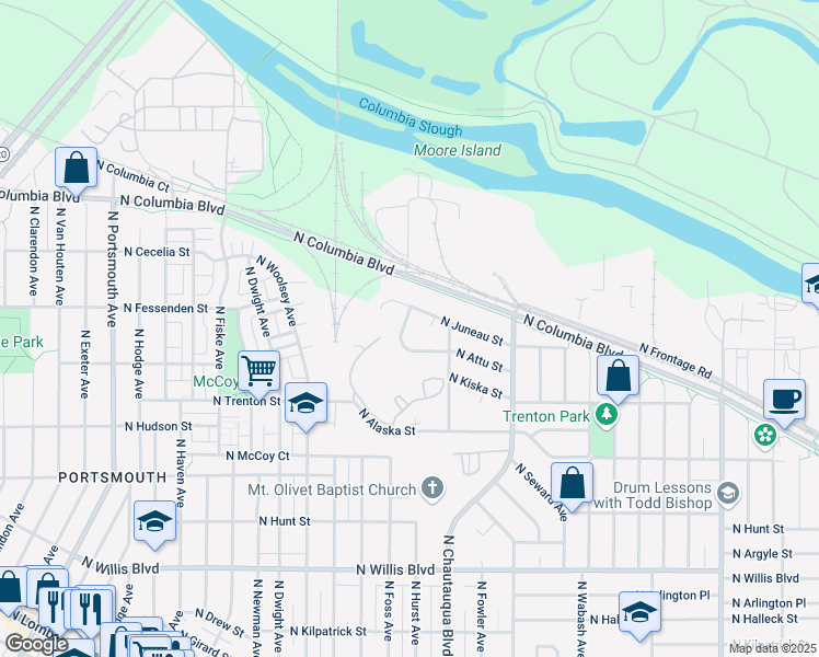map of restaurants, bars, coffee shops, grocery stores, and more near 4095 North Attu Street in Portland