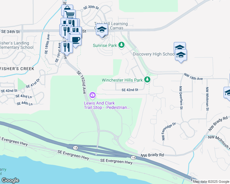map of restaurants, bars, coffee shops, grocery stores, and more near 19517 Southeast 42nd Circle in Camas