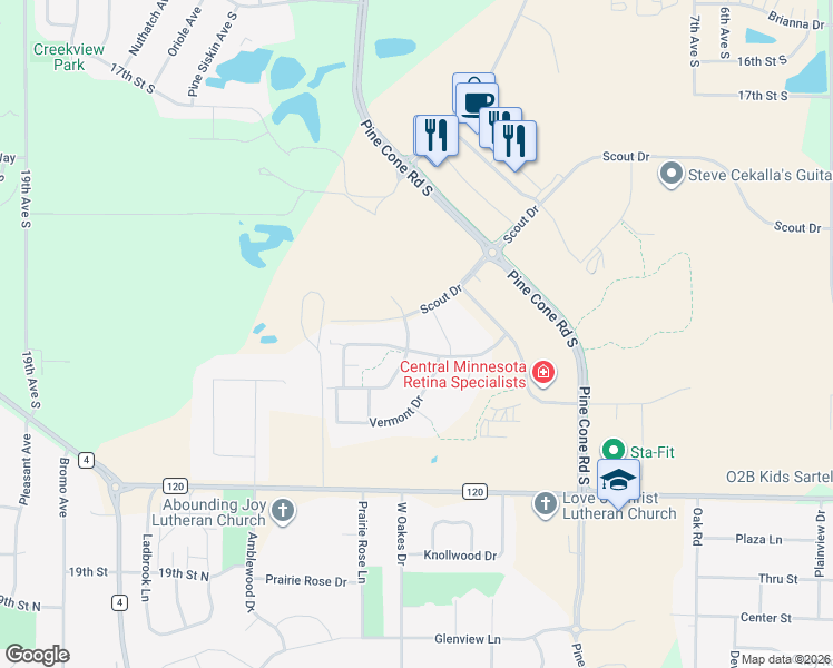map of restaurants, bars, coffee shops, grocery stores, and more near 1210 Scout Drive in Sartell