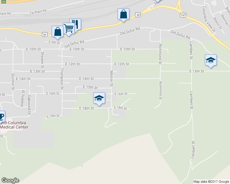 map of restaurants, bars, coffee shops, grocery stores, and more near 1640 Morton Street in The Dalles