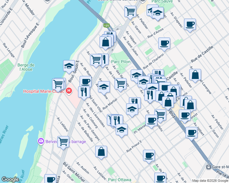 map of restaurants, bars, coffee shops, grocery stores, and more near 11048 Avenue de Paris in Montréal
