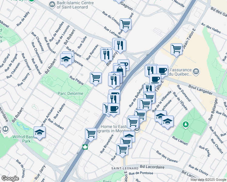 map of restaurants, bars, coffee shops, grocery stores, and more near 6185 Boulevard Métropolitain Est in Montréal