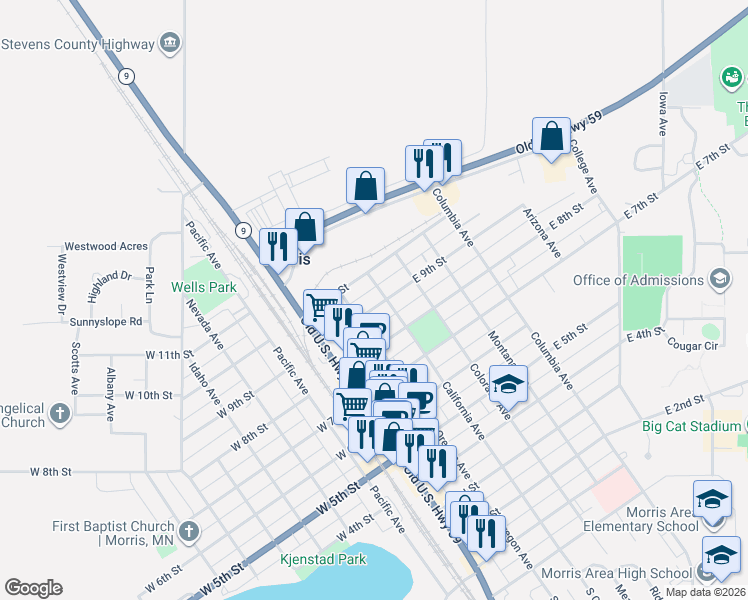 map of restaurants, bars, coffee shops, grocery stores, and more near 205 East 9th Street in Morris