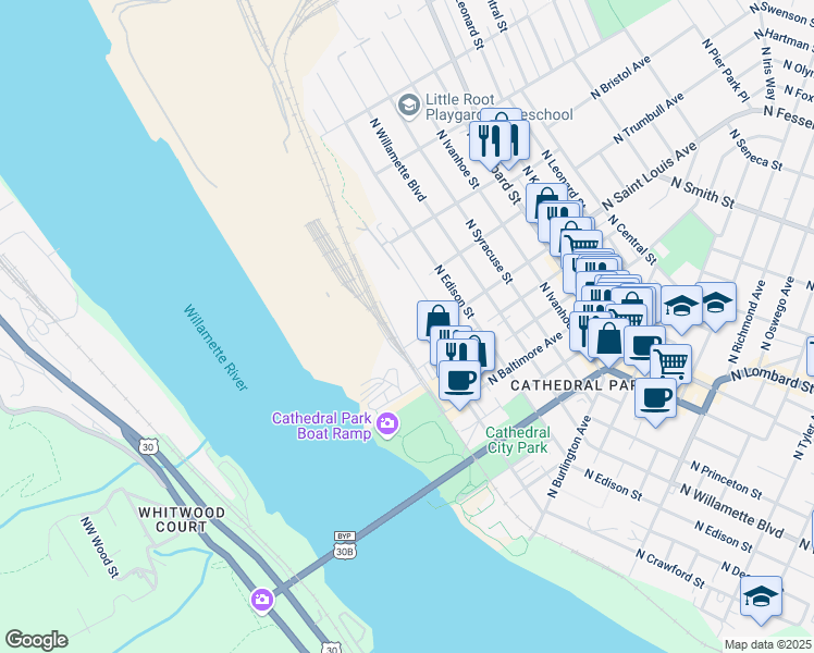 map of restaurants, bars, coffee shops, grocery stores, and more near 9125 North Bradford Street in Portland