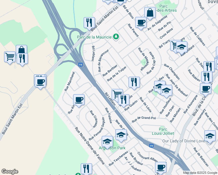 map of restaurants, bars, coffee shops, grocery stores, and more near 1600 Rue des Grandes Piles in Laval
