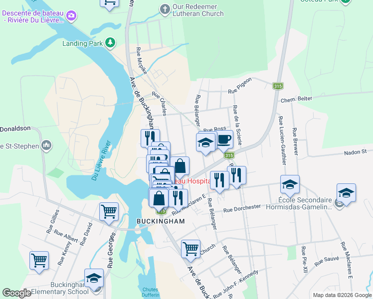 map of restaurants, bars, coffee shops, grocery stores, and more near 368 Rue des Pins in Gatineau