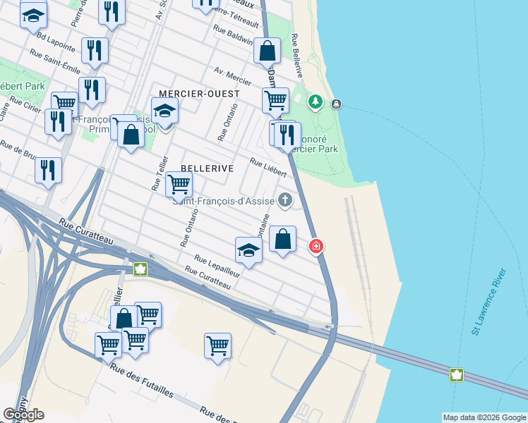 map of restaurants, bars, coffee shops, grocery stores, and more near 8033 Rue la Fontaine in Montréal