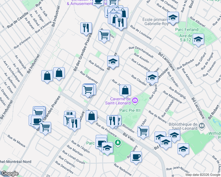 map of restaurants, bars, coffee shops, grocery stores, and more near 9083 Rue Daillon in Montréal