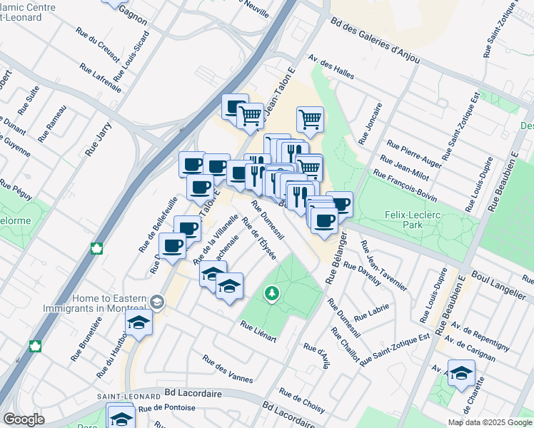 map of restaurants, bars, coffee shops, grocery stores, and more near 7355 Rue Dumesnil in Montréal