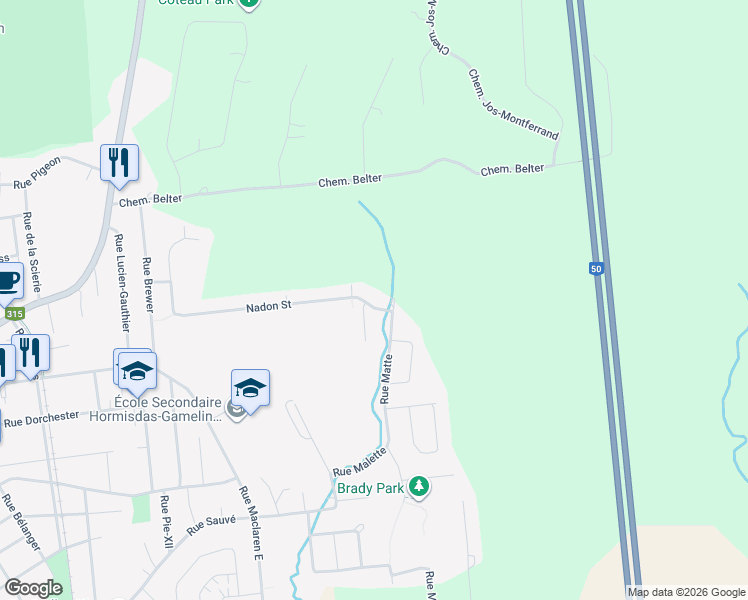 map of restaurants, bars, coffee shops, grocery stores, and more near 390 Rue Nadon in Gatineau