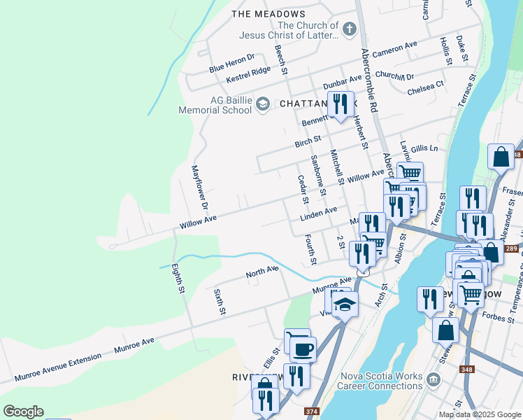 map of restaurants, bars, coffee shops, grocery stores, and more near 284 Willow Avenue in New Glasgow
