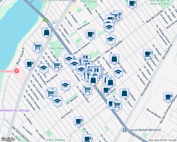 map of restaurants, bars, coffee shops, grocery stores, and more near 10824 Avenue Saint-Julien in Montréal