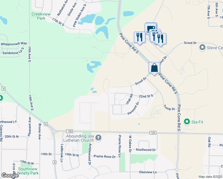 map of restaurants, bars, coffee shops, grocery stores, and more near 1344 Scout Drive in Sartell