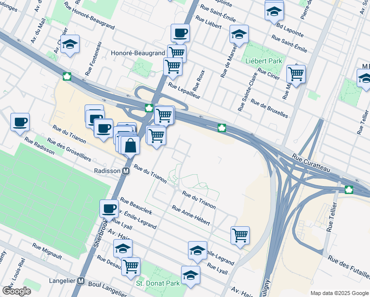 map of restaurants, bars, coffee shops, grocery stores, and more near 7401 Rue de Marseille in Montréal