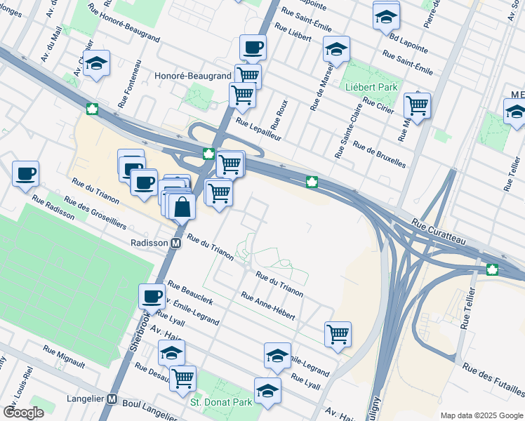map of restaurants, bars, coffee shops, grocery stores, and more near 7401 Rue de Marseille in Montreal