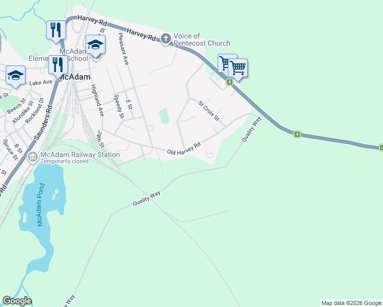 map of restaurants, bars, coffee shops, grocery stores, and more near 82 Old Harvey Road in McAdam